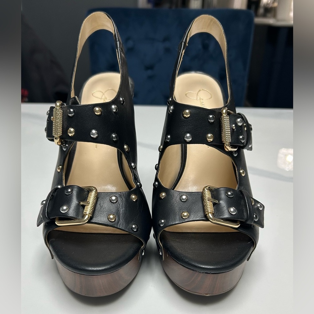 Jessica Simpson Black and Gold Studded Wedges